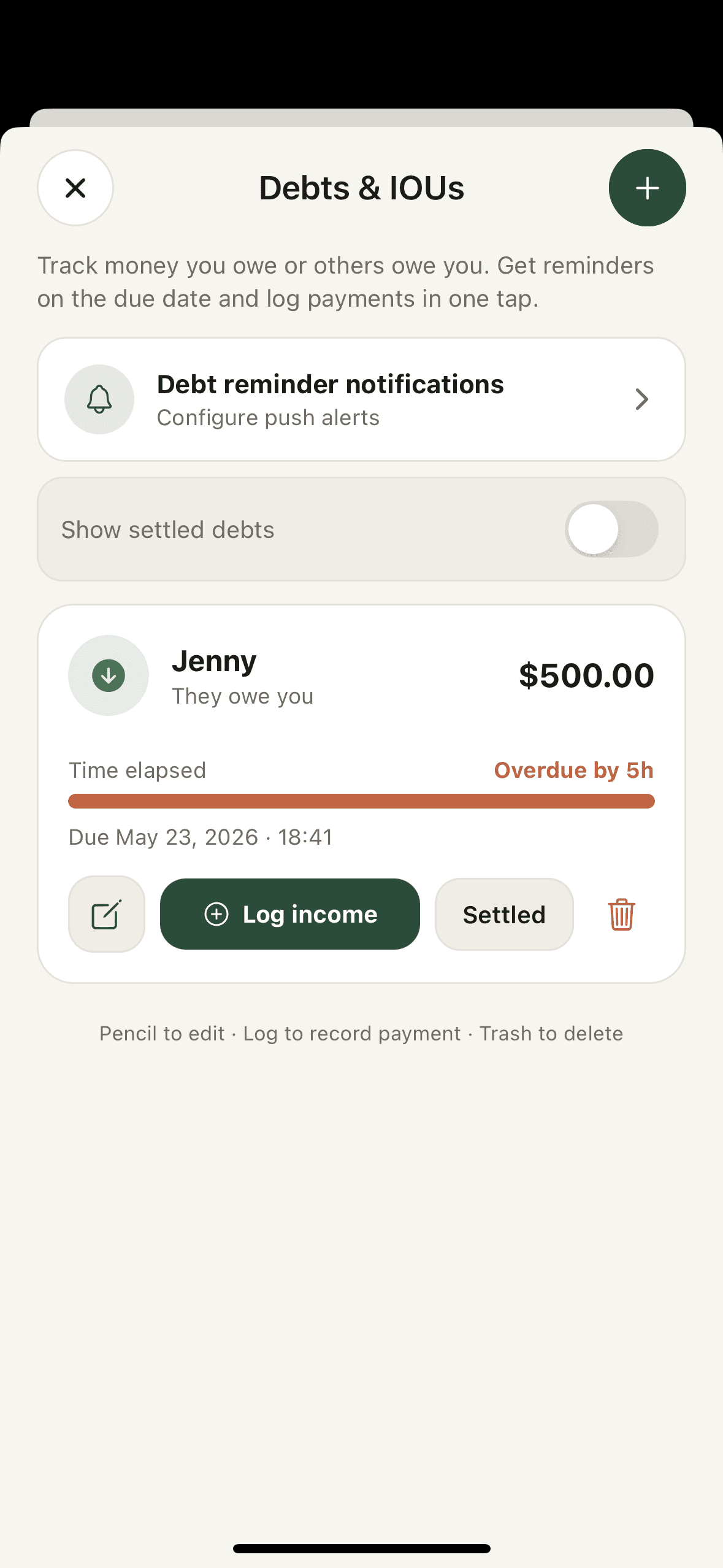 Pocket Money debts and IOUs screen tracking money owed with due dates and settle actions