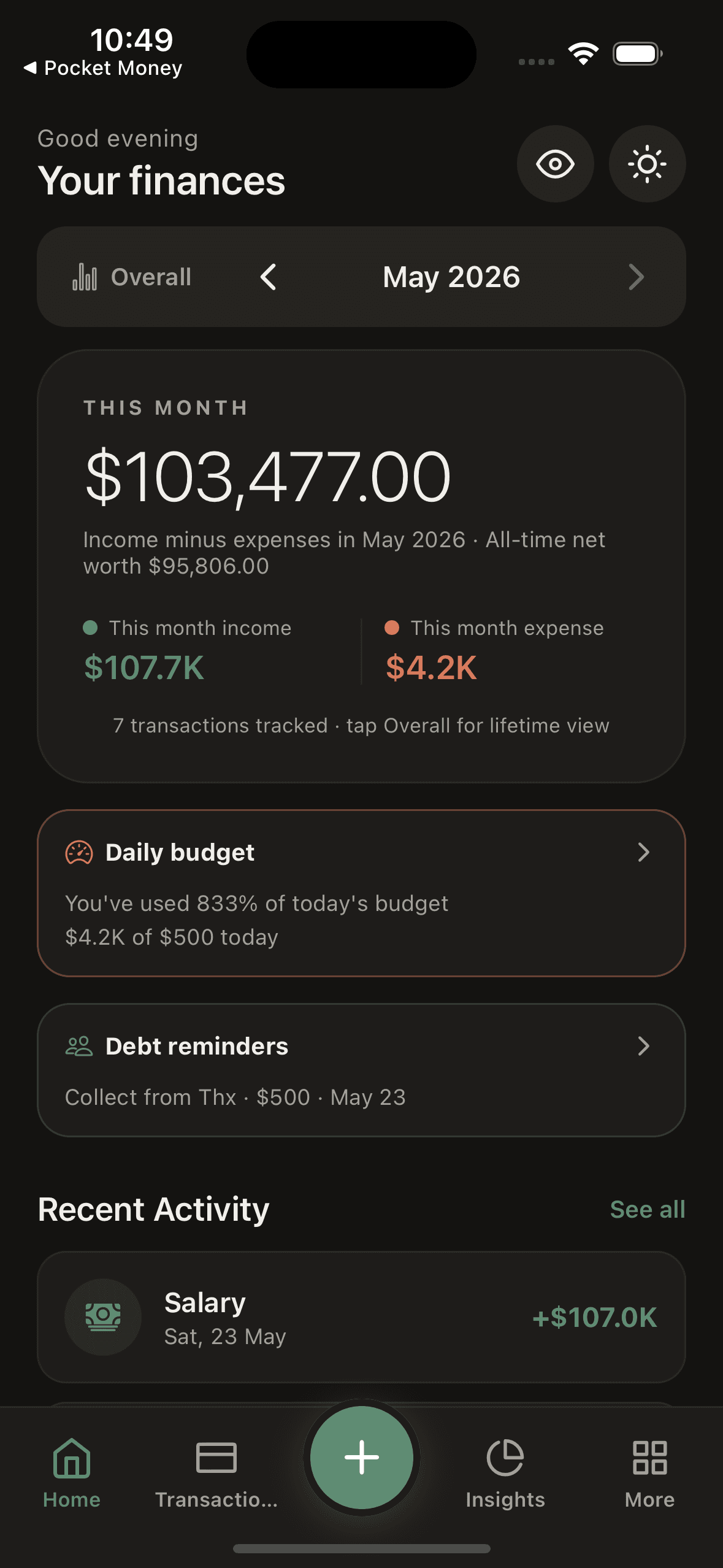 Pocket Money home screen in dark theme with income, expense breakdown and debt reminders