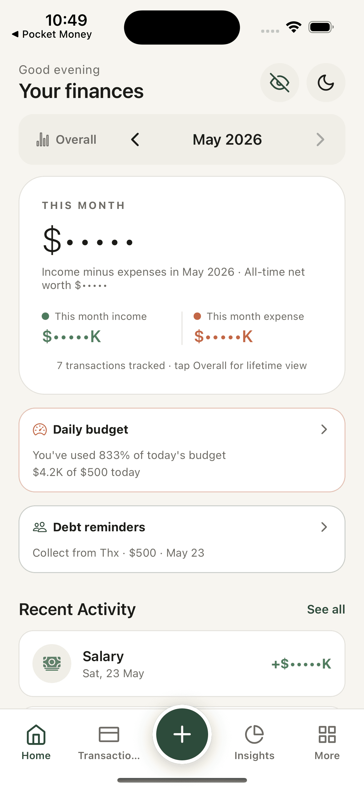Pocket Money home screen in light theme showing monthly finances, budget alerts and recent activity