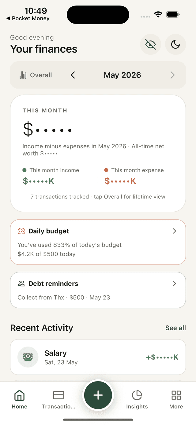 Pocket Money home screen in light theme showing monthly finances, budget alerts and recent activity