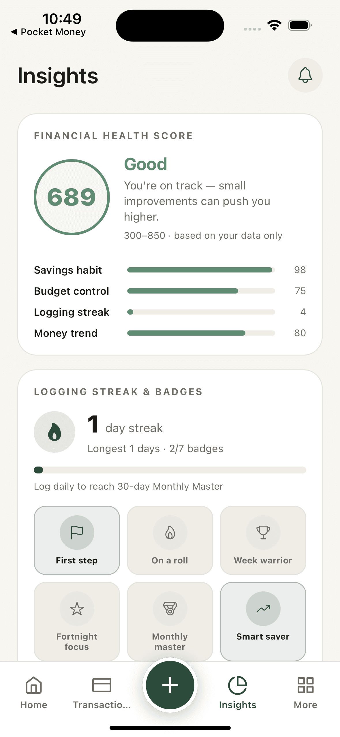 Pocket Money insights with financial health score, savings habit metrics and achievement badges