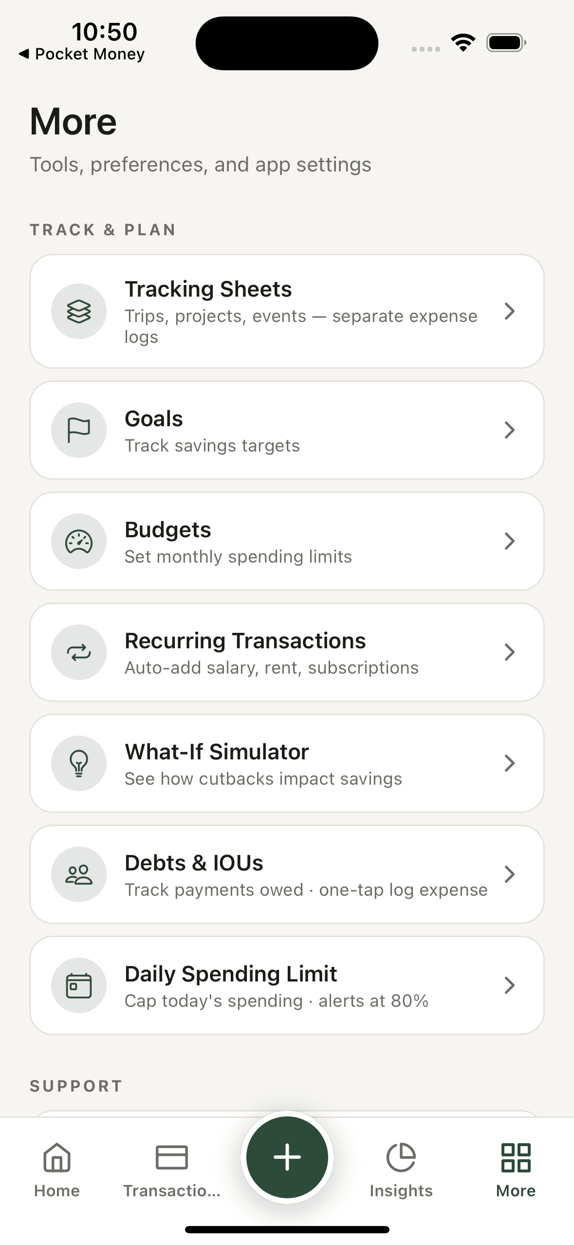 Pocket Money more tab with tracking sheets, goals, budgets, recurring transactions and tools